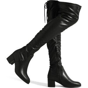 Women Black/Pu Faux Leather Over The Knee Chunky Heel Long Stretch Boots